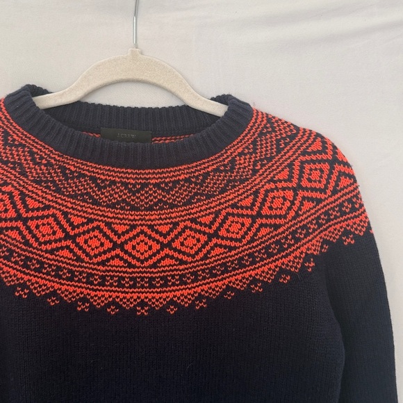 J Crew Merino Wool Blend Fair Isle Nordic Ruffle Sleeve Blue Orange Sweater XXS - Picture 3 of 5